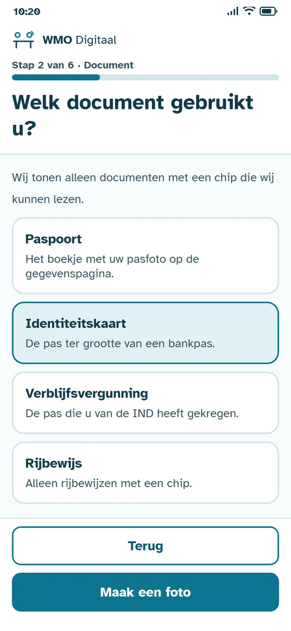 Stap 2 van 6: 'Welk document gebruikt u?' met Identiteitskaart gekozen.
