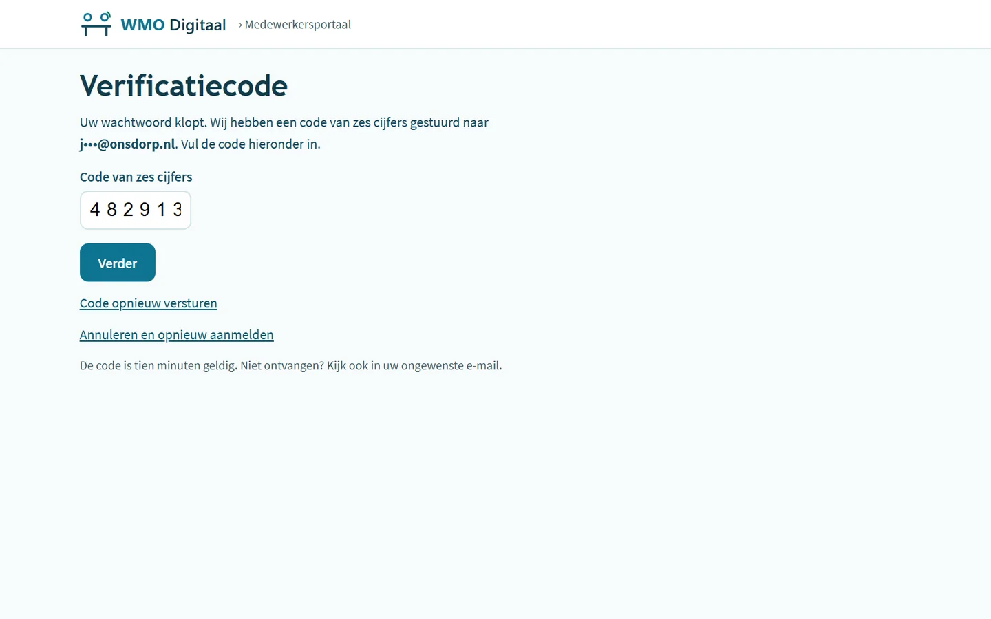 Scherm 'Verificatiecode': de code van zes cijfers is gestuurd naar j•••@onsdorp.nl.