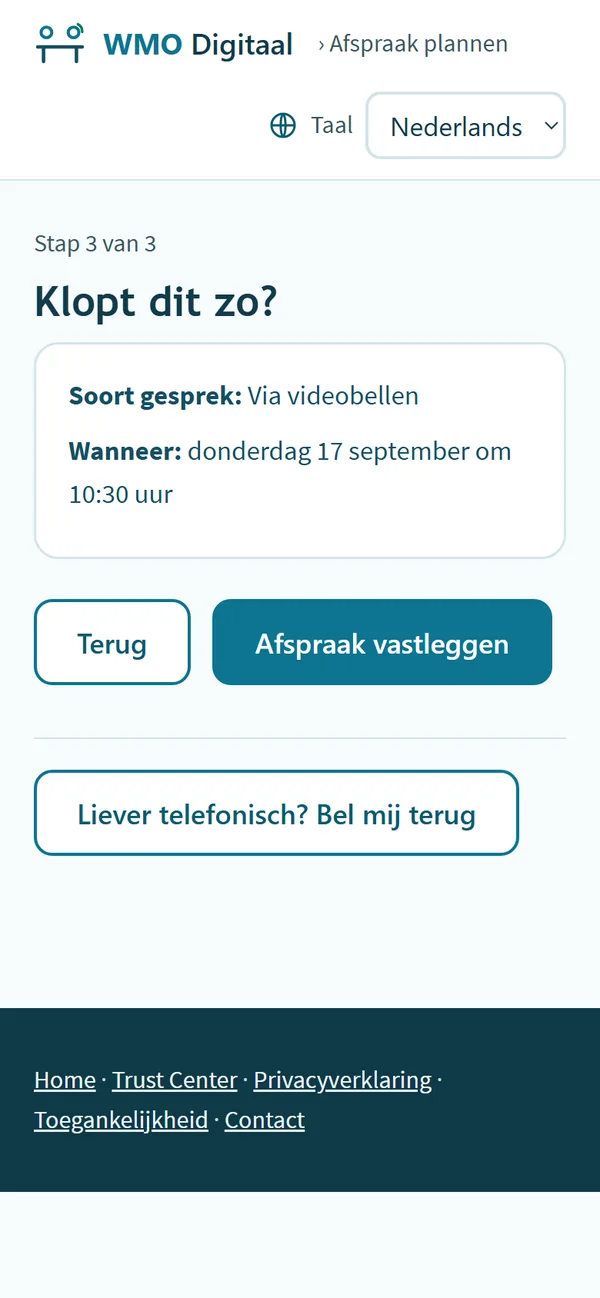 Stap 3 van 3: 'Klopt dit zo?' met soort gesprek en tijd, en de knop 'Afspraak vastleggen'.