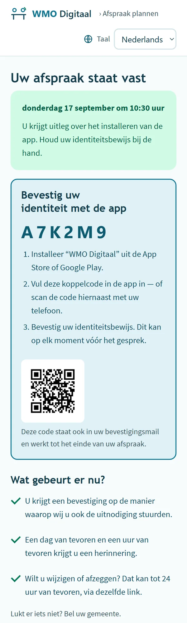 'Uw afspraak staat vast', met daaronder de koppelcode A7K2M9, drie stappen voor de app en een QR-code.