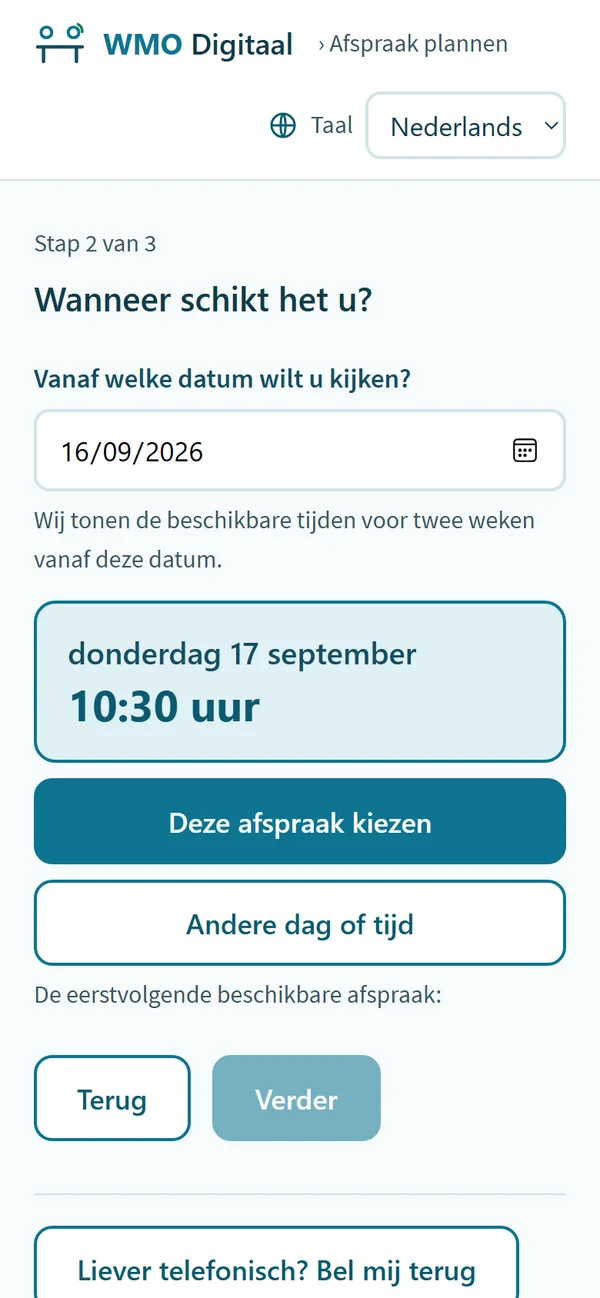 Stap 2 van 3: de eerstvolgende vrije tijd, donderdag 17 september 10:30 uur, met de knoppen 'Deze afspraak kiezen' en 'Andere dag of tijd'.